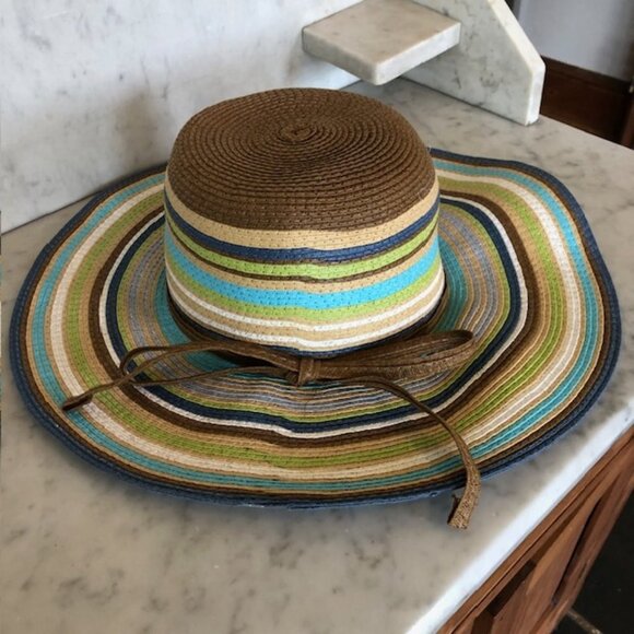 CYNTHIA ROWLEY Striped Straw Floppy Hat Blue Brown Green One Size - Picture 2 of 16